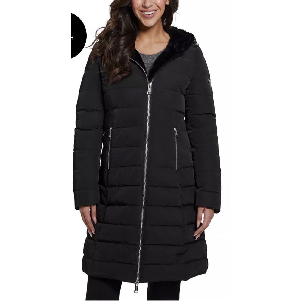 Guess Women's Faux‎ Fur Lined Hooded Puffer Coat Size XS Black